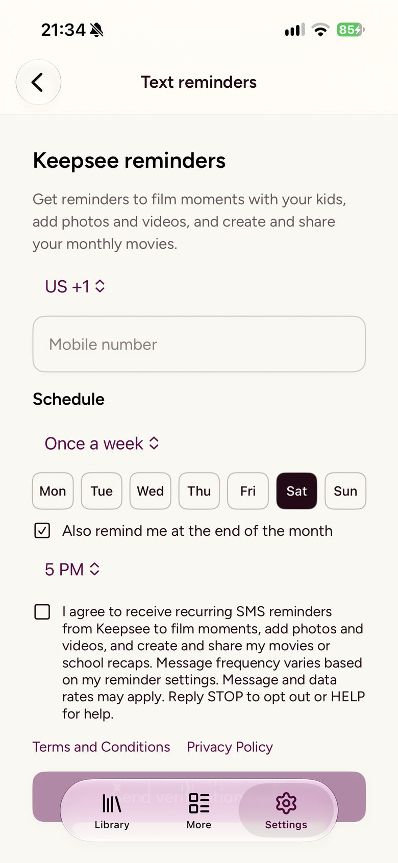 iPhone Text reminders form with the SMS consent checkbox unchecked