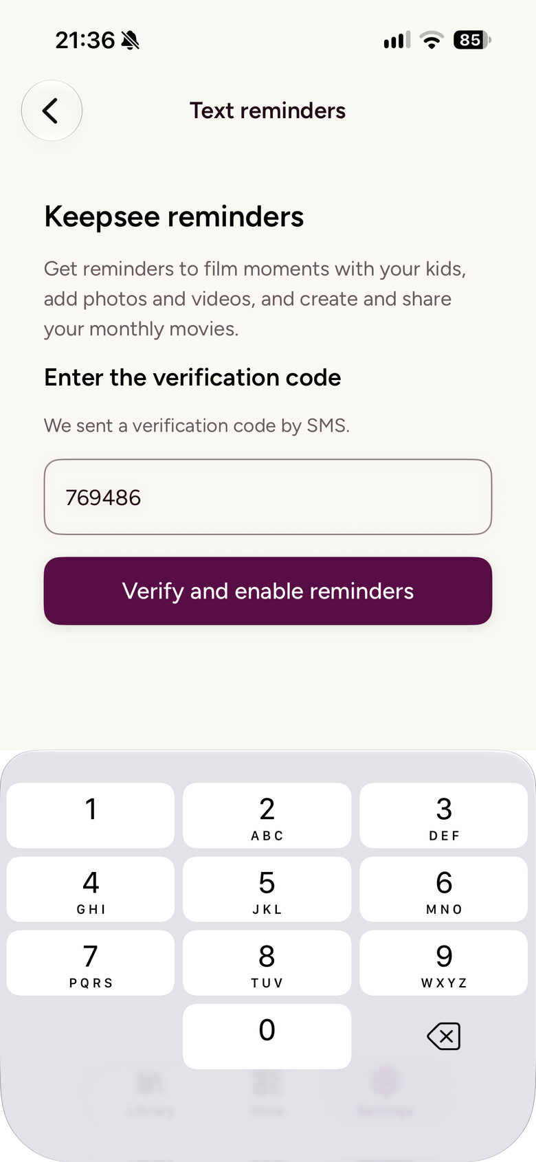 iPhone verification code entered, with Verify and enable reminders enabled