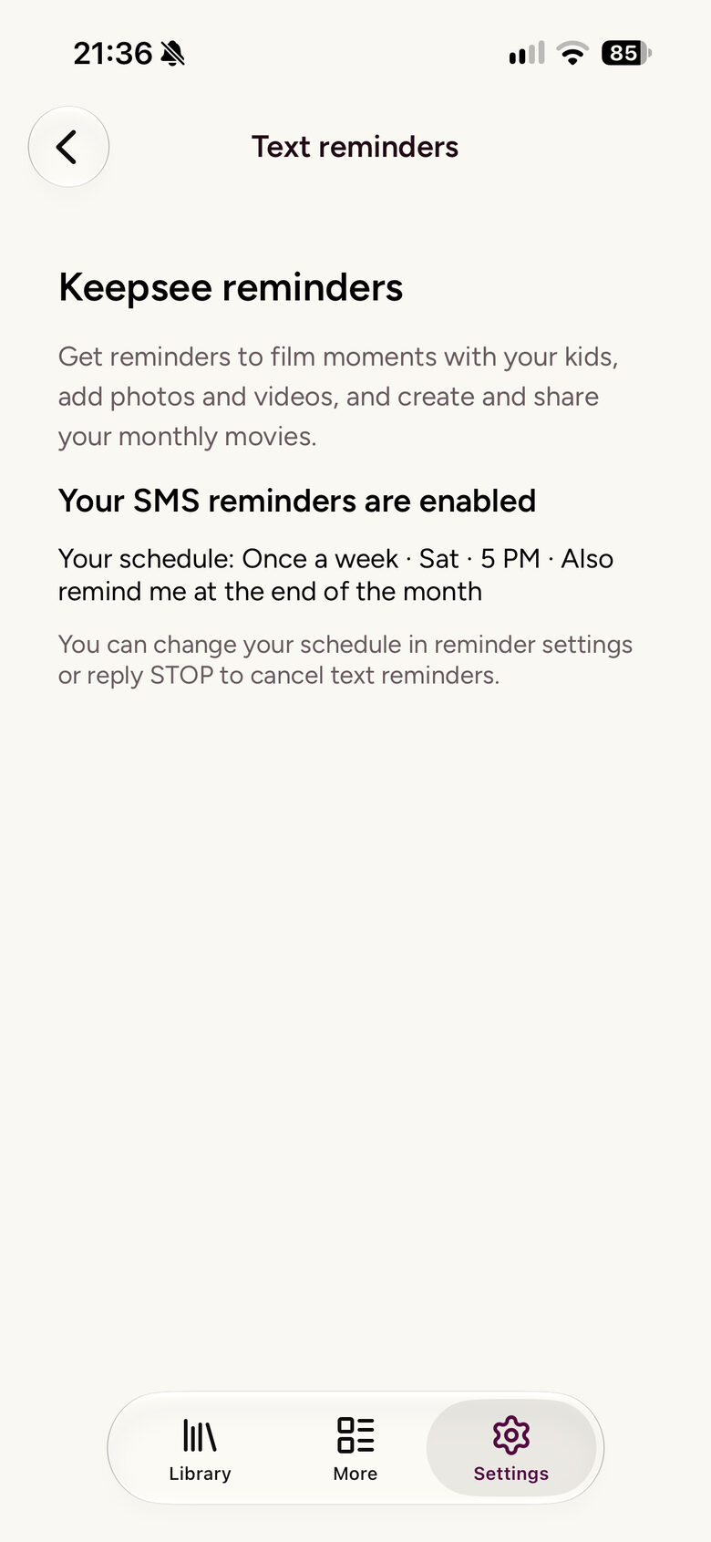 iPhone confirmation that SMS reminders are enabled