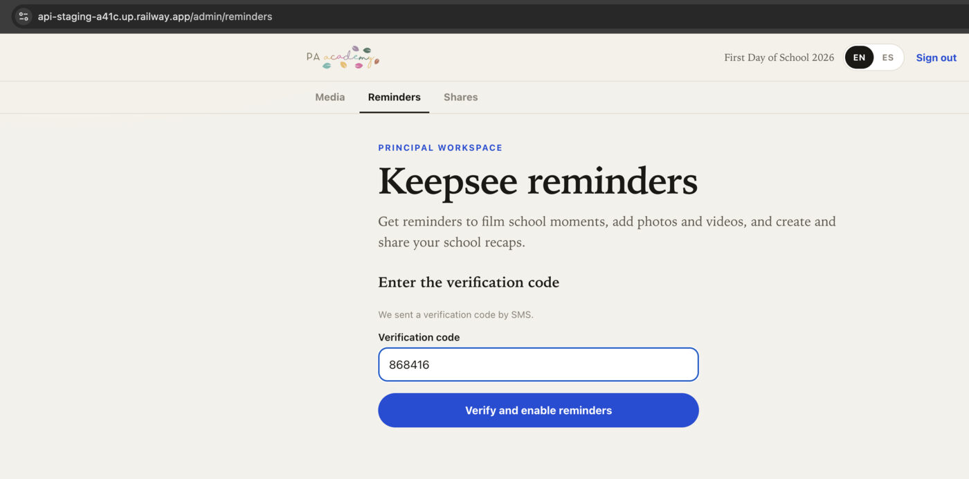 Principal website verification code entered, with Verify and enable reminders enabled