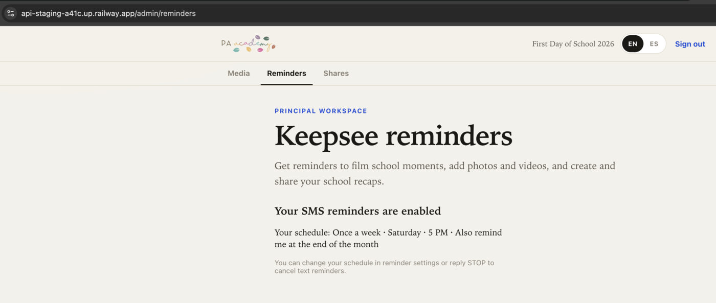 Principal website confirmation that SMS reminders are enabled